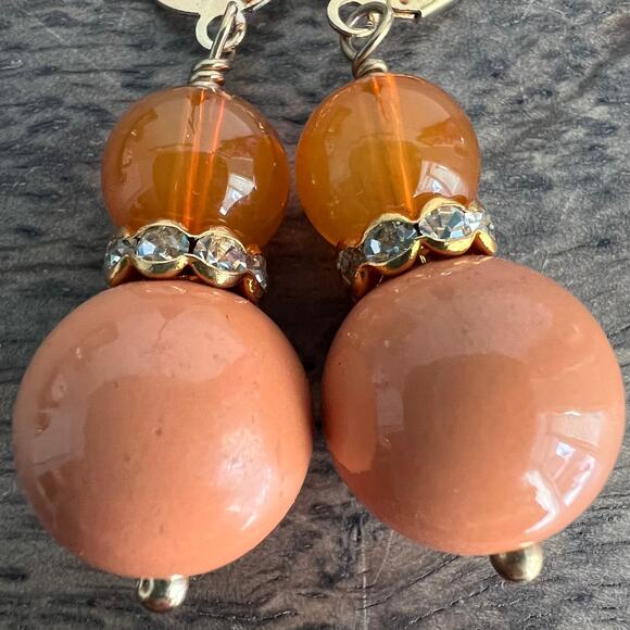 Peach Orange Bauble Beaded Rhinestone Studded Dangle Drop Earrings - Picture 4 of 7
